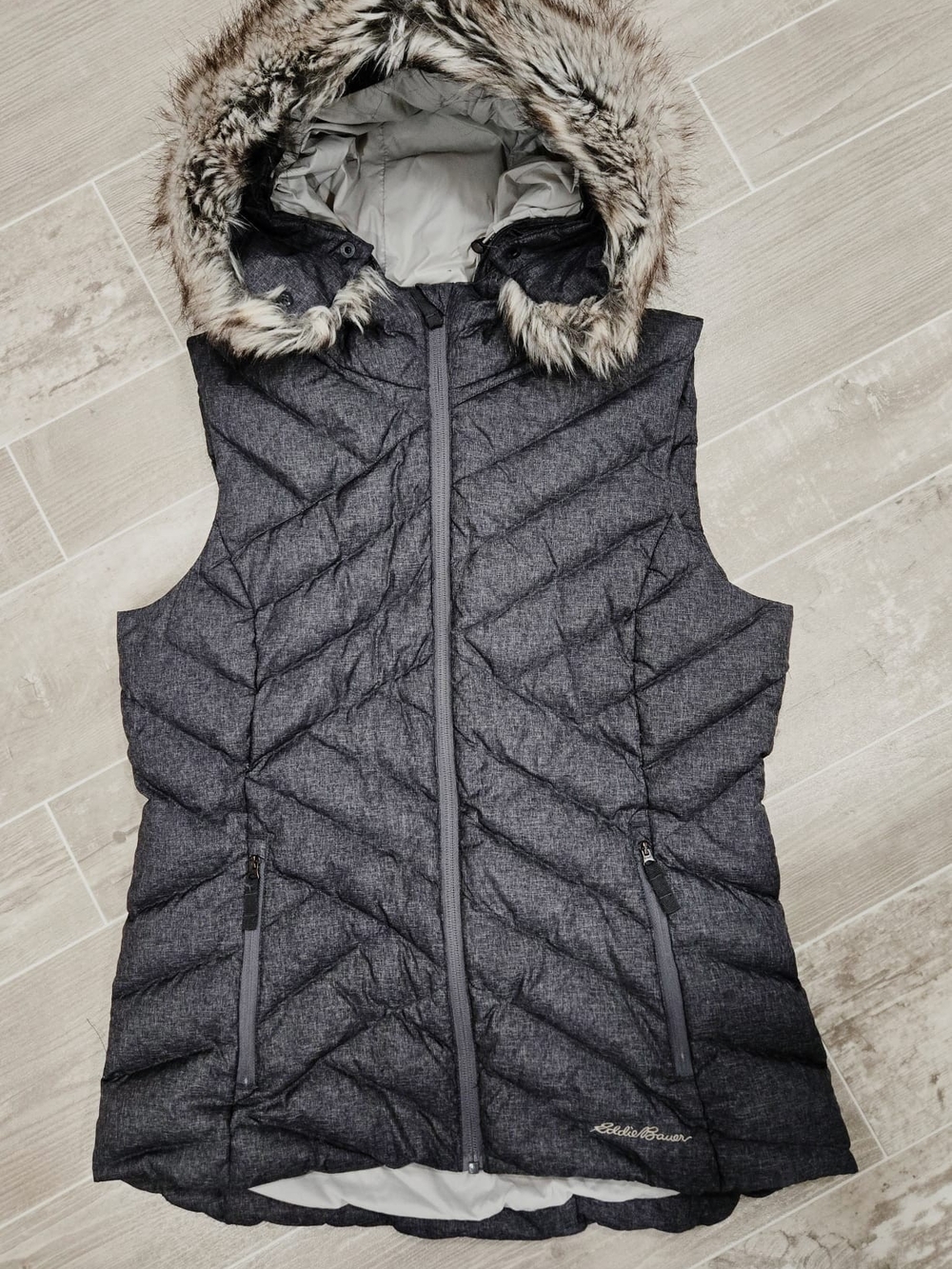 Eddie Bauer Women's Dark Gray Down, Polyester Vest with Faux Fur Trim